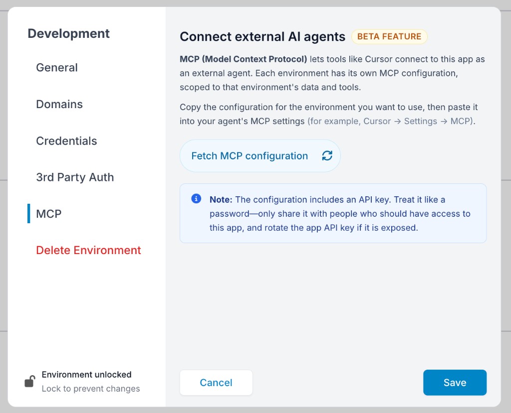 Klai Studio Development settings with MCP selected and Fetch MCP configuration