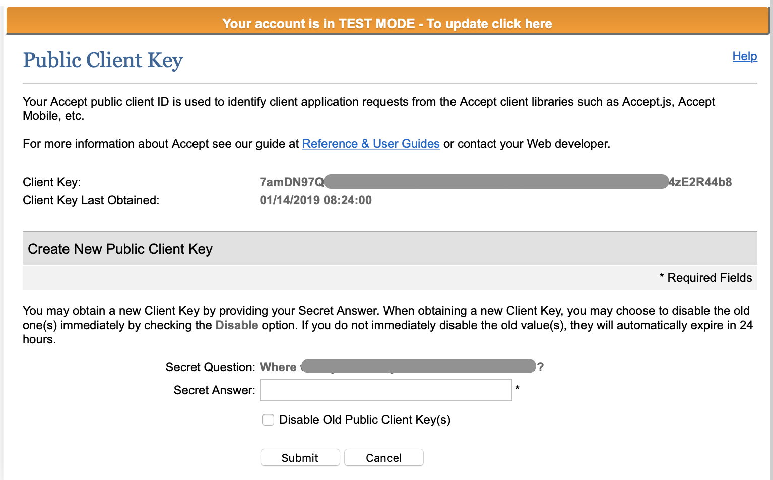 Authorize.net public client key screen