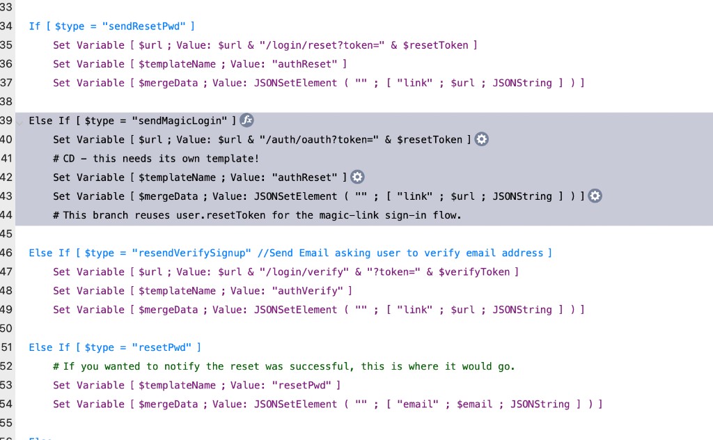 FileMaker onAuthNotifier script branch for sendMagicLogin in a legacy helper-based setup